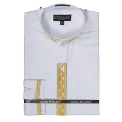 (18½, 19½) Basic Banded Collar Convertible Cuff Dress Shirt Wave Print in White/Gold