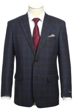 100% Wool Regular Fit 2 Button Sports Coat In Navy Plaid