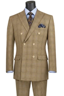 Alexander Collection - Regular Fit Mocha Glen Plaid Double Breasted 2-Piece Suit