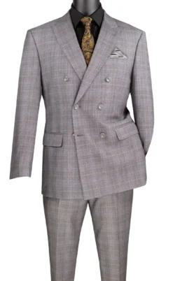 Alexander Collection - Regular Fit Gray Glen Plaid Double Breasted 2-Piece Suit