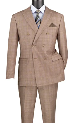 Alexander Collection - Regular Fit Tan Glen Plaid Double Breasted 2-Piece Suit