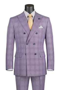 Alexander Collection - Regular Fit Light Purple Glen Plaid Double Breasted 2-Piece Suit