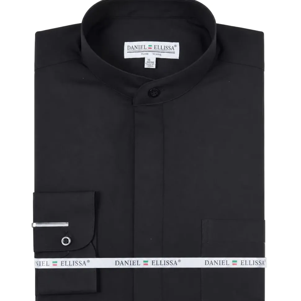 Basic Banded Collar Convertible Cuff Dress Shirt in Black