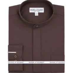 Basic Banded Collar Convertible Cuff Dress Shirt in Dark Brown