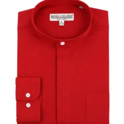 Basic Banded Convertible Cuff Collar Dress Shirt in Red