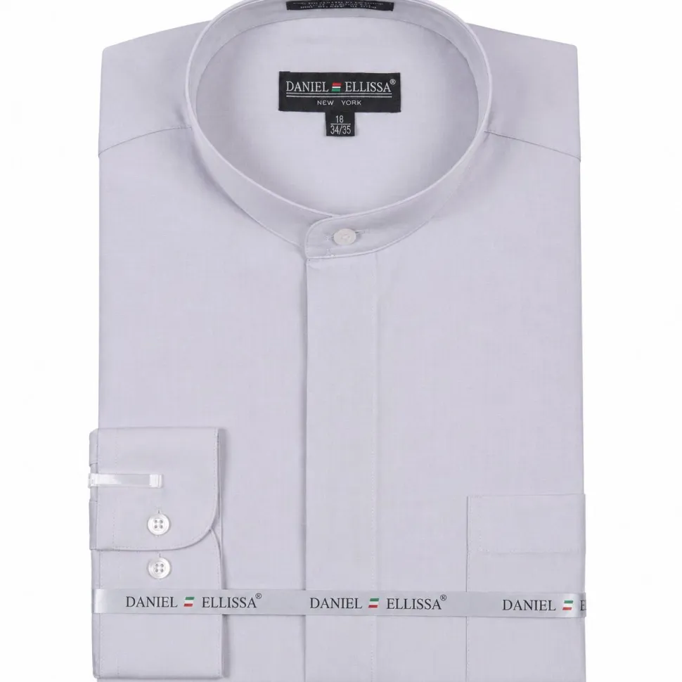 Basic Banded Collar Convertible Cuff Dress Shirt in Silver