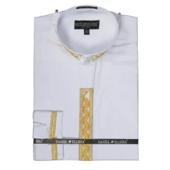 (18½, 19½) Basic Banded Collar Convertible Cuff Dress Shirt Wave Print in White/Gold