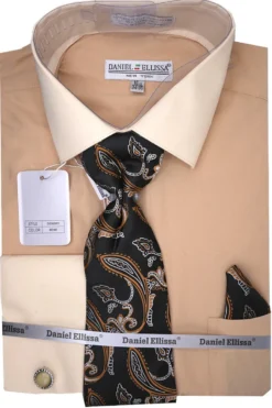 Beige French Cuff Dress Shirt Set with Tie and Handkerchief