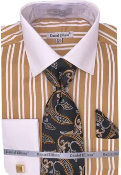 Beige Striped Dress Shirt Set with Tie and Handkerchief