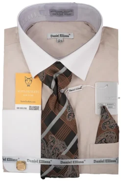 Beige White French Cuff Dress Shirt Set with Tie, Cuff Links and Pocket Square
