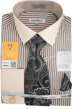 Beige Black Bold Stripe French Cuff Dress Shirt with Tie, Cuff Links and Pocket Square
