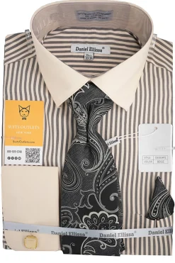 Beige Black Bold Stripe French Cuff Dress Shirt with Tie, Cuff Links and Pocket Square