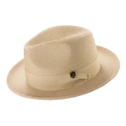 Beige Braided Wide Brim Pinch Fedora Matching Grosgrain Ribbon