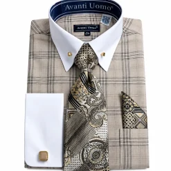 Beige Glen Plaid French Cuff Dress Shirt Set