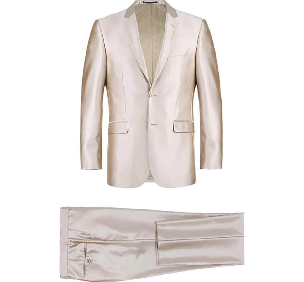 Beige Regular Fit Sharkskin Italian Styled 2 Piece Suit