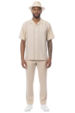 Beige Vertical Stripe Short Sleeve Walking Suit