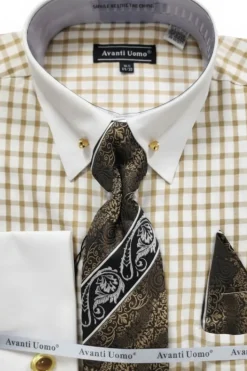 Beige Windowpane French Cuff Dress Shirt Set
