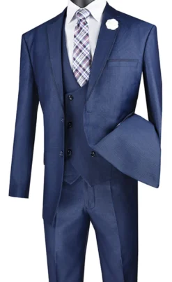 Birdseye Pattern Modern Fit 3 Piece Navy Suit with Contrast Trim