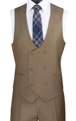 Birdseye Pattern Modern Fit 3 Piece Khaki Suit with Contrast Trim