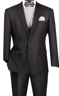 Birdseye Pattern Modern Fit 3 Piece Black Suit with Black Trim