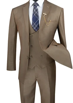 Birdseye Pattern Modern Fit 3 Piece Khaki Suit with Contrast Trim