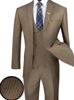Birdseye Pattern Modern Fit 3 Piece Khaki Suit with Contrast Trim