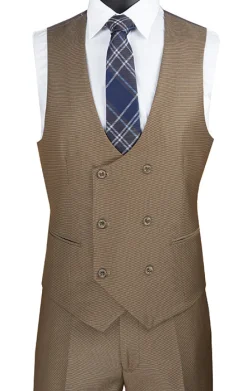Birdseye Pattern Modern Fit 3 Piece Khaki Suit with Contrast Trim