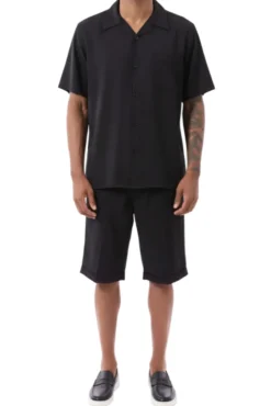 Black 2 Piece Short Sleeve Walking Suit Set with Elastic Waistband Shorts