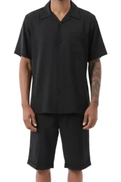 Black 2 Piece Short Sleeve Walking Suit Set with Elastic Waistband Shorts