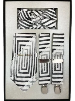 Black and Silver Men's Accessory Box Bow Tie, Necktie, Pocket Square, Suspender 4 Piece Set