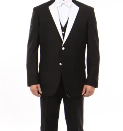 Black Modern Fit Tuxedo 3 Piece with White Lapel 6 Button Vest
