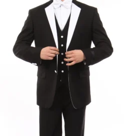 Black Modern Fit Tuxedo 3 Piece with White Lapel 6 Button Vest