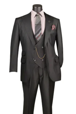 Black Regular Fit 3 Piece Sharkskin Suit with Vest and Adjustable Waistband Pants