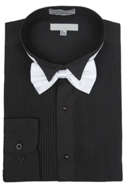 Black Regular Fit Wingtip Collar Pin Pleated Tuxedo Shirt with Bow Tie