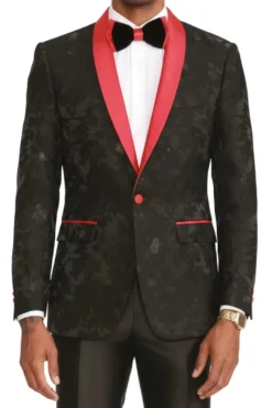 Black Slim Fit Blazer Floral Pattern Red Satin Shawl Collar