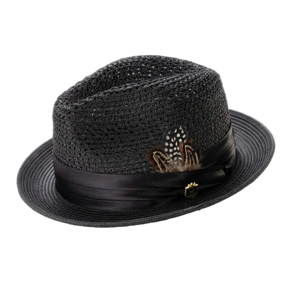 Black Solid Color Pinch Braided Fedora With Matching Satin Ribbon