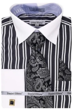 Black Striped Dress Shirt Set French Cuff with Tie and Pocket Square