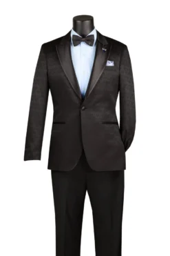 Black Textured Jacquard Peak Lapel Tuxedo Blazer