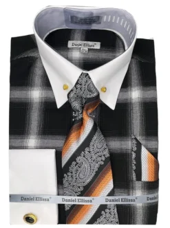 Black Tone on Tone Check Printed French Cuff Dress Shirt Set