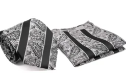 Black White Paisley Pattern Stripe Men's Tie and Pocket Square Set