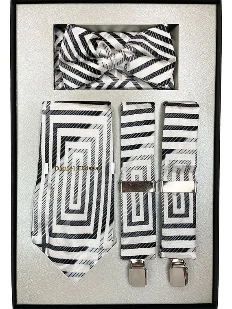 Black and Silver Men's Accessory Box Bow Tie, Necktie, Pocket Square, Suspender 4 Piece Set