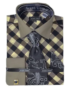 Black Check Dress Shirt Set with French Cuff