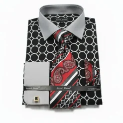 Black Circle Print French Cuff Dress Shirt Set