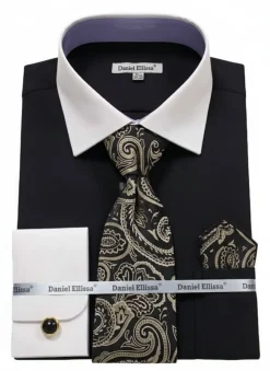 Black Geometric Jacquard Pattern French Cuff Dress Shirt Set