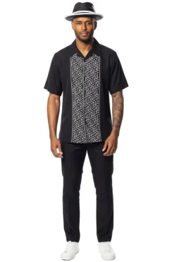 Black Geometric Panel Short Sleeve Walking Suit