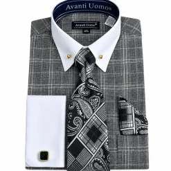 Black Glen Plaid French Cuff Dress Shirt Set