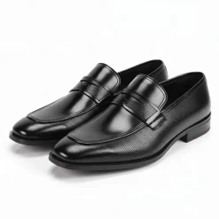 Black Leather Moc-Toe Strap Penny Loafer