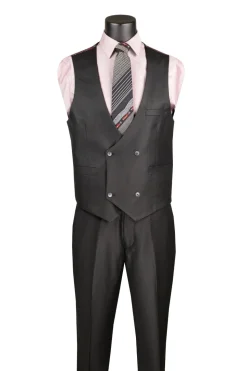 Black Regular Fit 3 Piece Sharkskin Suit with Vest and Adjustable Waistband Pants