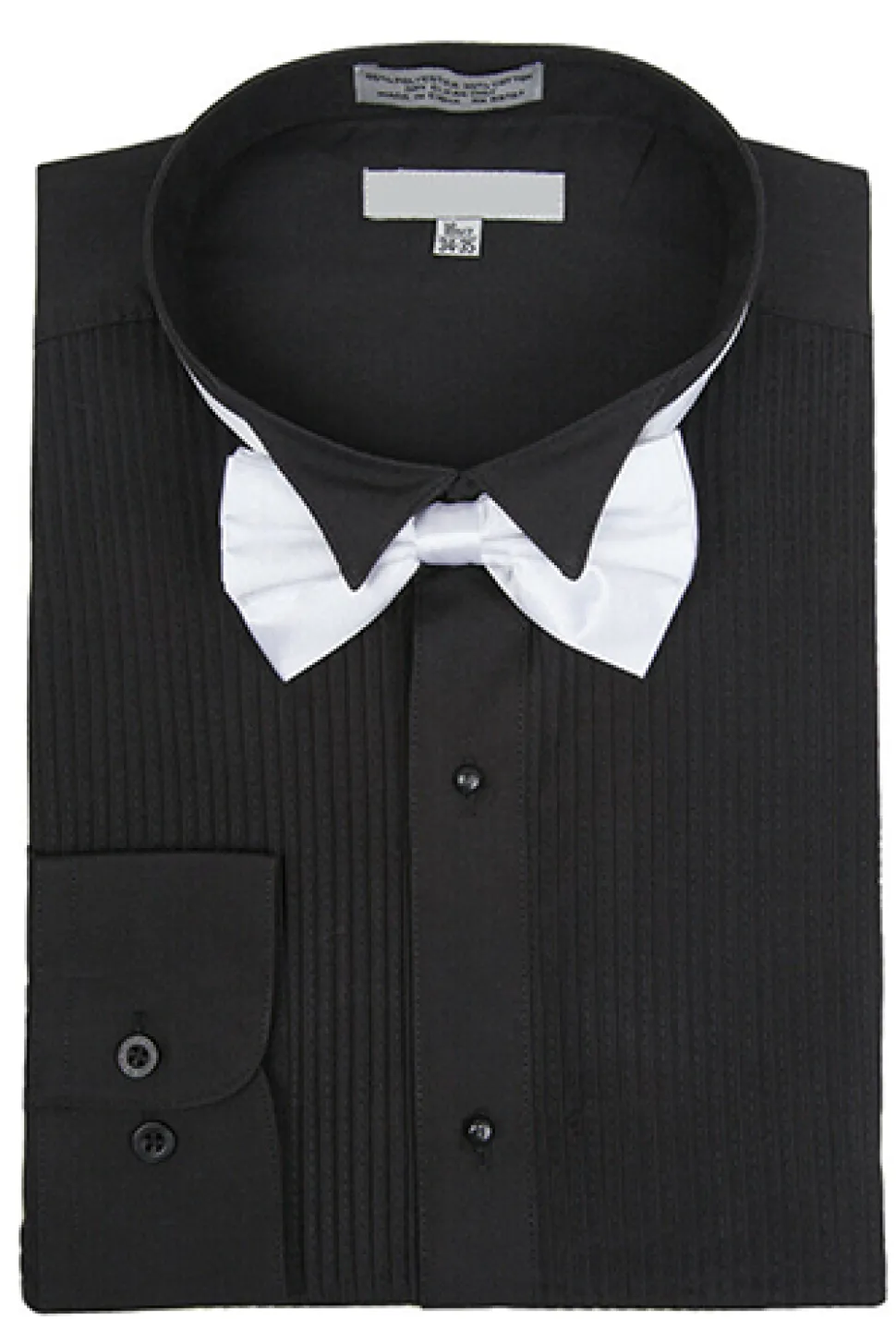 Black Regular Fit Wingtip Collar Pin Pleated Tuxedo Shirt with Bow Tie