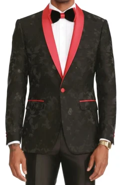 Black Slim Fit Blazer Floral Pattern Red Satin Shawl Collar